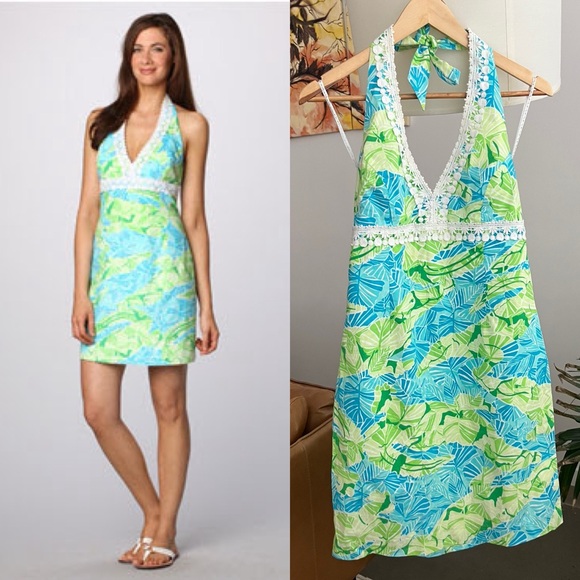 Lilly Pulitzer Dresses & Skirts - Lilly Pulitzer Halter Mini Dress in Blue and Green Leaf Print